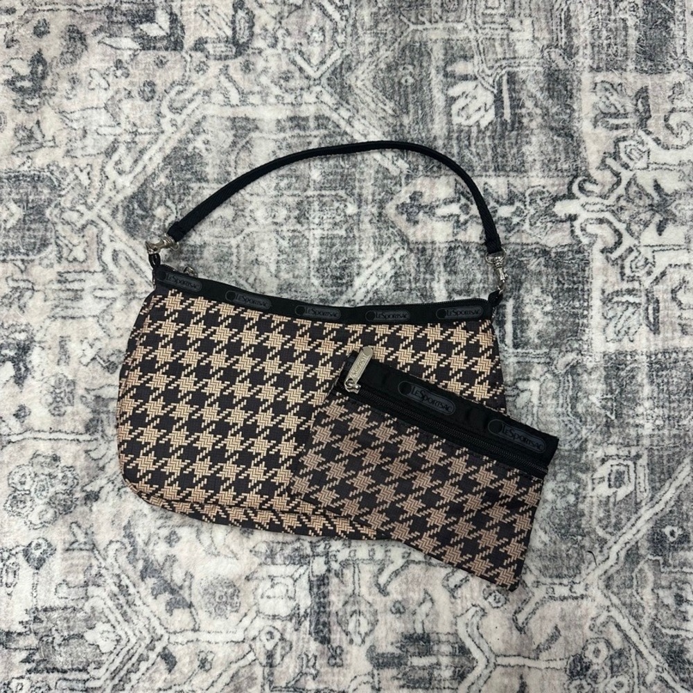 LeSportsac Houndstooth Shoulder Bag & Matching Pouch Set Brown Tan‎ Nylon Purse